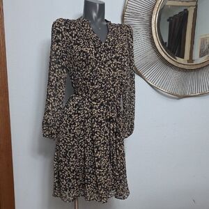 MSK Black and Beige Floral Long Sleeve Wrap-Style Dress